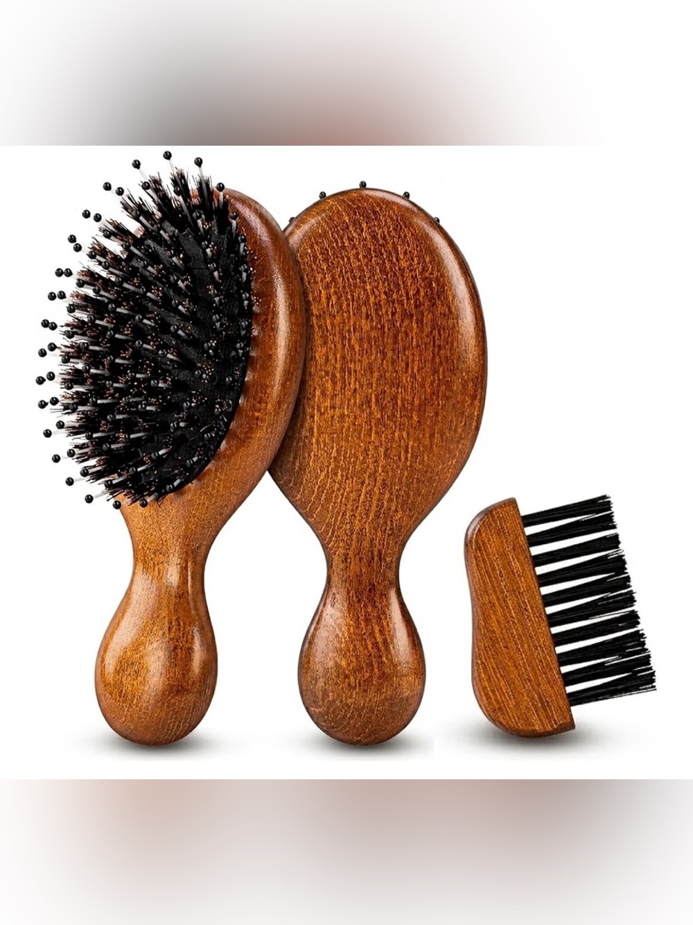Mini Boar Bristle Hair Brush for Women, Small Travel Wooden Brush